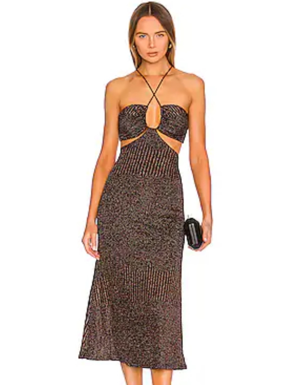 MISHA Dulci Black Midi Dress with Iridescent Bronze Sparkle